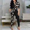 Women's Two Piece Pants 2023 Fashion Women Chic Set High Waist Outfits Letter Print Colorblock Knot Front Buttoned Top