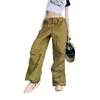 Women's Pants Women Wide Leg Cargo Casual Loose Fit Drawstring Waistband Baggy HippieTrousers Y2K Punk Streetwear