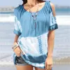 Kvinnors T -skjortor Kvinnor Summer Fashion Top Elegant Cold Shoulder Blue Casual Chiffon Long Sleeve Dish