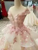 2023 robes de soirée de luxe portent des appliques de dentelle rose perles de cristal paillettes appliques de fleurs 3D balayage train formel mariée Pageant robes de bal sur mesure