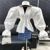Women's Blouses Brand Original Design Metal Button Irregular Chic Top 2022 Spring V-neck Bubble Sleeve Crimped Waist Shirt