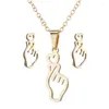 Necklace Earrings Set Korean Fashion Finger Heart Hand Pendant For Women Trendy Stainless Steel Show Your