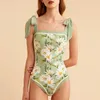 Women's Swimwear Double Sided Floral Green Lace-Up One Piece Swimsuit High Waist Slim Sexy Bikini 2022 Ladies Plus Size