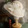 Headpieces NZUK Women Wide Brim Linen Fascinator Hat Cocktail Wedding Party Church Headpiece Lace Headwear Lady Hair Accessoriy Veil Fedora