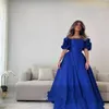 Royal Blue Satin Vestidos de baile Arabia Saudita Mangas cortas Mujeres formales Noche Dubai Vestidos para ocasiones especiales 2023