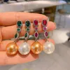 Dingle örhängen lyx mode 14mm pärla rubin smaragd droppe för kvinnor elegant fest charms fina smycken bröllopsdag vän gåva
