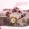 Halskette-Ohrringe-Set, 108 Mala, geknotet, langes antikes Gold, Lotus-Charme-Armband, Mischung aus Natursteinen, mehrfarbige Kombinationen, rosa rote Quasten