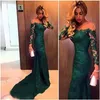 Elegant Dark Green Appliques Lace Long Evening Dress Sheer Neck Long Prom Party Dress Long Sleeves Abendkleider Evening Gowns