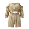 Women's Tracksuits Women Summer Fashion Linen Shorts Suit Off Shoulder Blouse Crop Top & 2 Piece Set Ruffles Lantern Sleeve Holiday