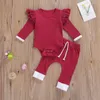 Kledingsets herfst Baby meisjes 2 stuks Outfit Geboren Gebreide ruches lange mouw stevige kleur romper broek kleding pak 0-24 maanden