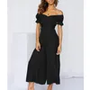 Casual jurken vrouwen mode zomer jumpsuit stevige kleur puff korte mouw v-hals losse wide been clubkleding