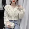 Kvinnor BLOUSES DESIGN KVINNA Fashion 2022 Elegant Spring Patchwork Lace Ladies Blusa Ruffle Puff Long Sleeve Tops Pullover V-Neck