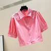 Women's Blouses Diamond Buttoned Puff Sleeve Shirt Women High Waist Pink 2022 Summer Tops Fashion Turn-down Collar Button Up White