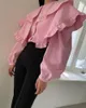Kvinnors blusar 2022 Spring Women's Sweet Ruffles Dubbelskikt krage mode elegant koreansk stil vilda rosa chic skjortor toppar