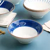 Bols 8 pouces chapeau en bambou japonais bol en céramique Vintage bleu et blanc schéma de couleurs délicat Ramen nouilles pour outil de cuisine à la maison