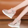 Women Shoes Shiny Rhinestones Sandals Pearls Detail Wedge Thick Bottom Peep Toe High Heels Elegant Platform Party Wedding 4571