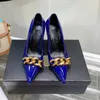 2022 Designer Spitzschuh Super High Heels Sandalen Damen Luxus Leder Mode Party Laufsteg Schuhe Dame sexy mehrfarbig Metallkette obere Sandale mit bedeckten Zehen