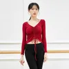 Stage Wear Spring Style Latin Tops V-neck Ballet Dance Practice Clothes Female Adult Bodysuit Drawstring Long Sleeve Shirt
