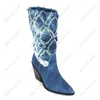 Heelslover Handmade Women Winter Mid Calf Boots Denim Chunky Heels Pointed Toe Blue Western Shoes Ladies US Size 5-13