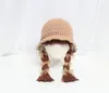 Hats Korean Style Children Baby Girl Hat Long Hair Braid Wig Cap Bow Princess Winter Warm Knitted Patchwork Kids Girls And Caps