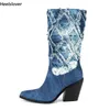 Heelslover fait à la main femmes hiver mi-mollet bottes Denim talons épais bout pointu bleu Western chaussures dames taille américaine 5-13