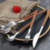 Dinnerware Sets 5Pcs/set Wooden Handle Tableware Set Stainless Steel Cutlery Knife Fork Spoon Teaspoon Western Dinner Service