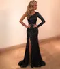 Sexy Cheap Plus Size Arabic Prom Dresses One Shoulder Long Sleeves Formal Evening Gowns Mermaid Dress Sequin Black Prom Dresses