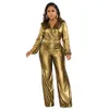 2024 Designer Glitter Metallic Jumpsuits Women Party Ubrania Seksowne głębokie klub nocny kombinezon Eleganckie szerokie nogi hurtowe jesień zimowe stroje 8788 8788