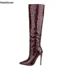 Heelslover Handmade Women Winter Knee Boots Stiletto Heels Pointed Toe Gorgeous Wine Red Prom Shoes Ladies US Size 5-13