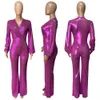 2024 Designer Glitter Metallic Jumpsuits Women Party Ubrania Seksowne głębokie klub nocny kombinezon Eleganckie szerokie nogi hurtowe jesień zimowe stroje 8788 8788