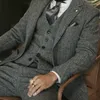 Garnitury męskie szara wełna jodełka biznesmeny 3 -częściowe drużbki Tuxedo z naciętym lapowym ślubem męska kamizelka kamizelka fashon kamizel