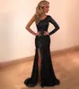 Sexy Cheap Plus Size Arabic Prom Dresses One Shoulder Long Sleeves Formal Evening Gowns Mermaid Dress Sequin Black Prom Dresses