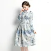 Casual Dresses Fashion Runway Designers Long Sleeve Spring Women Dress Turn Down Collar Vintage Vestidos Aline Holiday Robe Femme K8386