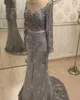 2023 Grey Mermaid Evening Dresses Sequins Beaded Long Sleeves Designer Scoop Neck Sweep Train Custom Made Formal Ocn Wear Arabic Prom Gown Vestidos 401 401