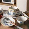 Dinnerware Sets Japanese Style Blue And White Ceramic Tableware Lace Rice Bowl Personality Creative Noodle Bowls Plate Combination