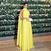 Dubai Daffodil Evening Dresses Elegant Chiffon Ruched High Neck Cape Yellow Prom Dress 2023 Vestido Longo Festa