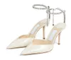 Zapatos de verano mujer sandalia diseñador de marca de lujo Saeda tacones altos de 85 mm charol blanco cristal joya correa bomba vestido de fiesta de boda bombas puntiagudas