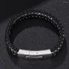 Armreif Einfacher Herrenschmuck Schwarzes Lederseil Weißes Nylon-Mischgewebe Männliches Armband Edelstahlverschluss Herrengeschenke