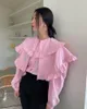 Kvinnors blusar 2022 Spring Women's Sweet Ruffles Dubbelskikt krage mode elegant koreansk stil vilda rosa chic skjortor toppar