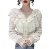 Kvinnor BLOUSES DESIGN KVINNA Fashion 2022 Elegant Spring Patchwork Lace Ladies Blusa Ruffle Puff Long Sleeve Tops Pullover V-Neck