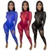 NEW Designer Mesh Jumpsuits Women Long Sleeve Patchwork Rompers Sexy Bodycon See Through Jumpsuits One Piece Overalls Party Night Club Wear Wholesale Clothes 9111