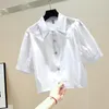 Women's Blouses Diamond Buttoned Puff Sleeve Shirt Women High Waist Pink 2022 Summer Tops Fashion Turn-down Collar Button Up White