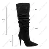 Heelslover Handgefertigte Damen-Winter-Kniestiefel aus Wildlederimitat mit Spike-Absätzen, spitzer Zehenbereich, elegante schwarze Partyschuhe für Damen, US-Größe 5–13