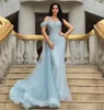 Blue Mermaid Prom Dresses Sleeveless V Neck One Shoulder Appliques Sequins Sparkly Beaded Floor Length Lace Train Evening Formal Dresses Plus Size Custom Made