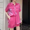 Women's Tracksuits Summer Satin Shiny 2pcs Set Single-Breasted Short-Sleeved Shirt High-Waisted Wide-Leg Shorts Korean Office Ladies Elegant