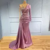 Light Purple Mermaid Evening Dresses Wear Sheer V Neck Crystal Beaded Long Sleeves Formal Prom Party Second Reception Special Occasion Gown