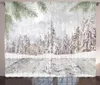 Kurtyna Zimowe zasłony Streszczenie Śnieżnego Śnieżnego Lasu i drewnianej powierzchni Drapy do sypialni Drapy do sypialni
