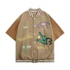 Chemises décontractées pour hommes dessin animé Crocodile imprimé à manches courtes maillot de Baseball hommes chemise d'été Streetwear contraste lambrissé haut ample hommes