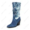 Heelslover Handmade Women Winter Mid Calf Boots Denim Chunky Heels Pointed Toe Blue Western Shoes Ladies US Size 5-13