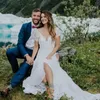 Hochzeitskleid Strand Elopement Chantilly-Spitze V-Ausschnitt Kurzarm A-Linie Maßgeschneiderte Plissee-Chiffon-Boho-Brautkleider mit offenem Rücken